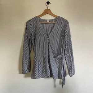 Women's Small Old Navy Blue and White Striped Long Sleeve Wrap Blouse